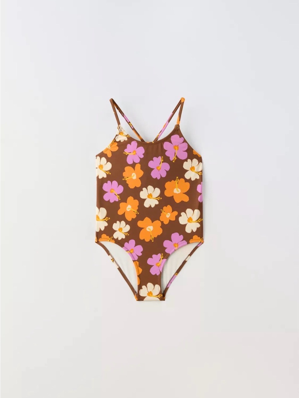 NWT Zara Kids Girls One-Piece Swimsuit Floral Brown Orange & Pink. Size 13-14.